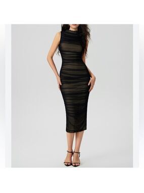 CIDER mesh ruched high neck midi dress sleeveless lined black tie detail sz 1XL
